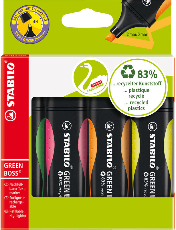 STABILO BOSS Textmarker Set 4 Farben – Keilspitze, 2–5 mm, nachfüllbar
