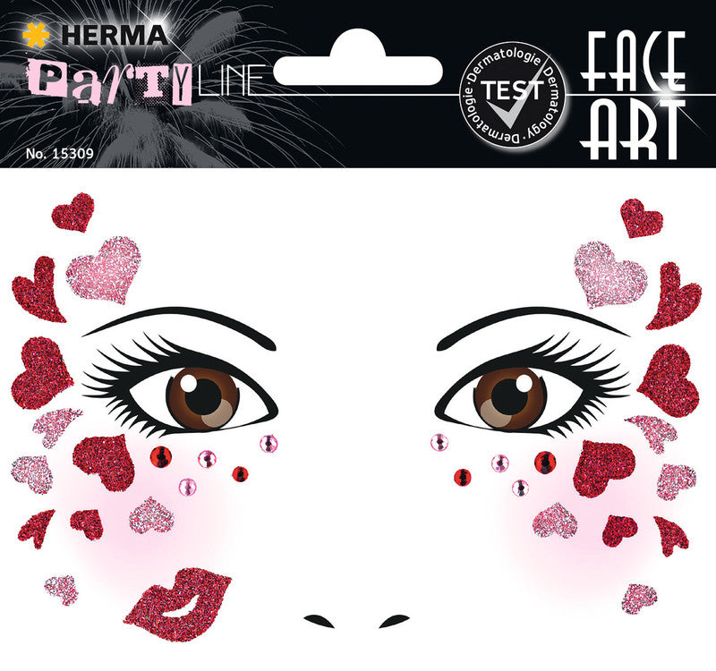 HERMA Face-Art-Sticker, mehrfarbig, Motiv Love, 1 Blatt (34 Etiketten), wiederablösbar, dermatologisch getestet