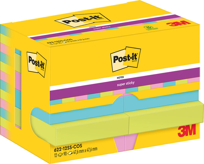 Post-it Super Sticky Haftnotizen – 47,6×47,6 mm – sortiert, 12×90 Blatt, PEFC