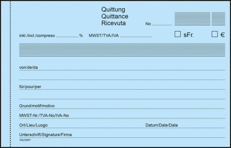 Favorit Formularblock – Quittungen, mehrsprachig, 50 Blatt, A6