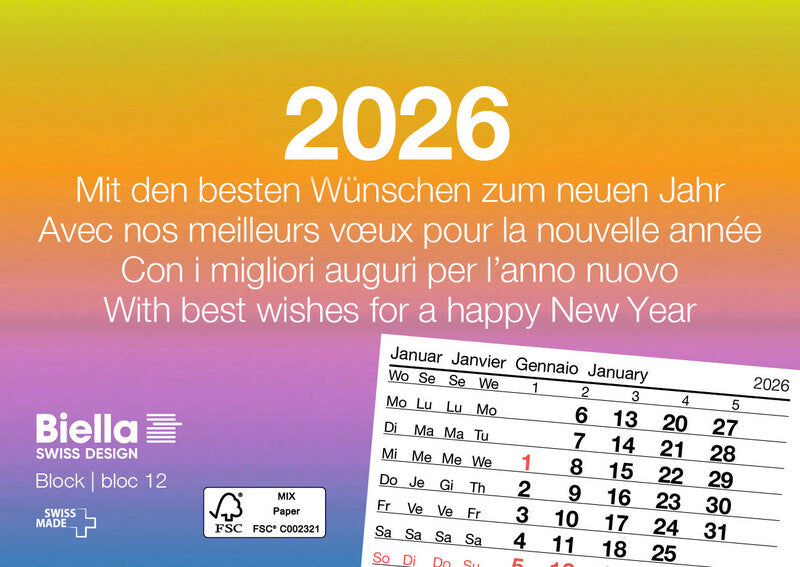 Biella Abreisskalender 1 Monat pro Blatt – viersprachig D/F/I/GB – 2026 – 11 × 7,7 cm