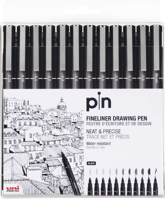Uni-Ball Pin Fineliner – 12er-Set – schwarz – wasserfest