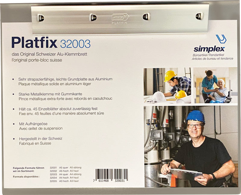 Simplex Platfix Klemmbrett A4 quer – Aluminium, Silber