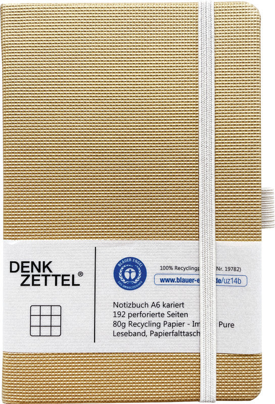 Denkzettel Notizbuch A6, kariert, gebunden, 192 Seiten, perforiert, 80 g/m² – gold