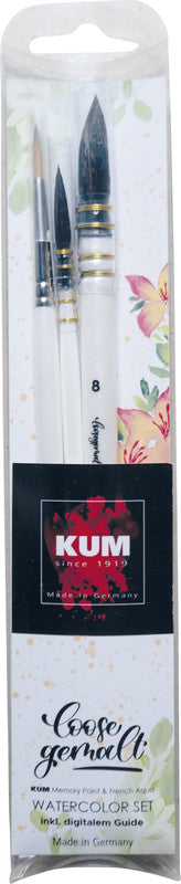 Kum Pinsel – perlmutt, Synthetikhaare, Holzschaft, 3er-Pack, Aluminiumzwinge, für Aquarellfarben