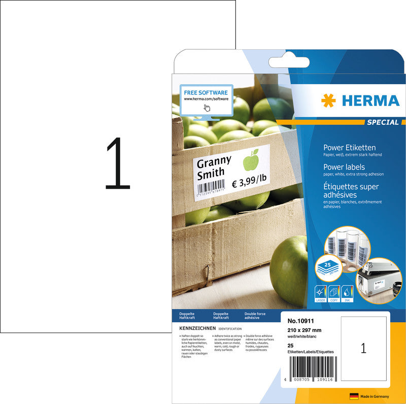 HERMA Drucketiketten, 210 mm × 297 mm, weiss, Papier, extra stark klebend, 25 Blatt