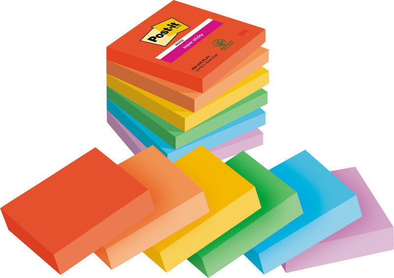 Post-it Haftnotizen Super Sticky – 76×76 mm – sortiert, 6×90 Blatt, PEFC