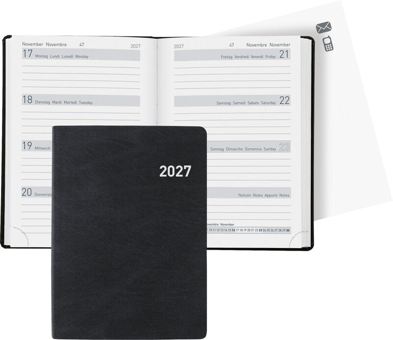Biella Memento Agenda – 1 Woche/2 Seiten, gebunden, 10,1 × 14,2 cm, 2027, Schwarz, FSC
