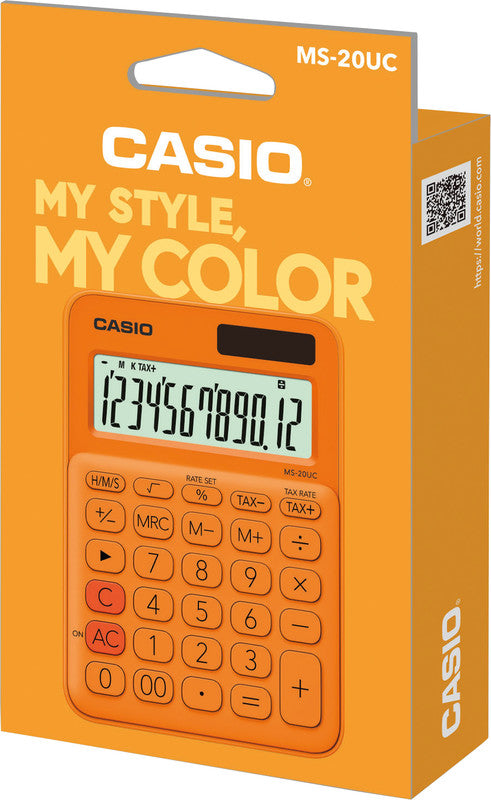 Casio Tischrechner MS-20UC – 12-stellig, LCD, Währung/Prozent, Solar + Batterie, Orange, 105×150×23 mm