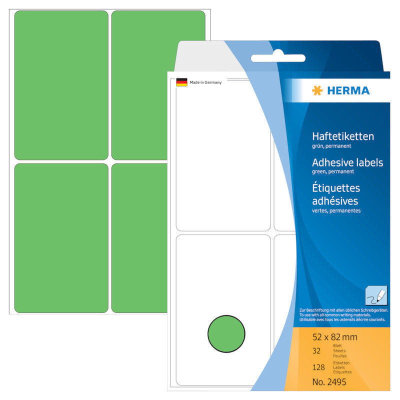 HERMA Schuletiketten – 52 × 82 mm, Abgerundete Ecken, 128 Stk, 32 Bogen, Papier, Permanent Haftend