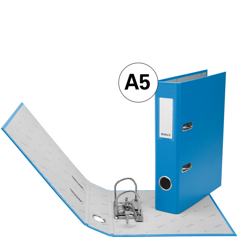 Biella Ordner – A5 hoch – 2-Ring Hebelmechanik, Rücken 40 mm – blau, Karton, mit Niederhalter, mit Griffloch