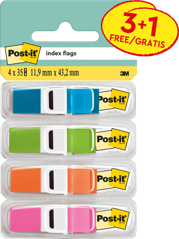 Post-it Schmale Indexstreifen Promopack 3+1 – 11,9×43,2 mm – sortiert, 4×35 Stück, mit Dispenser