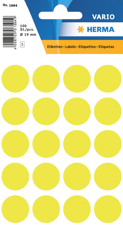 HERMA Vario Schmucketiketten – Motiv Farbpunkte – Papier, 100 Stk, 5 Bogen, Ø 19 mm