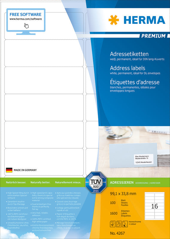 HERMA Etiketten A4 99 × 34 mm – Papier, matt – permanent haftend – Laser/Inkjet – 16 pro Blatt, 100 Blätter