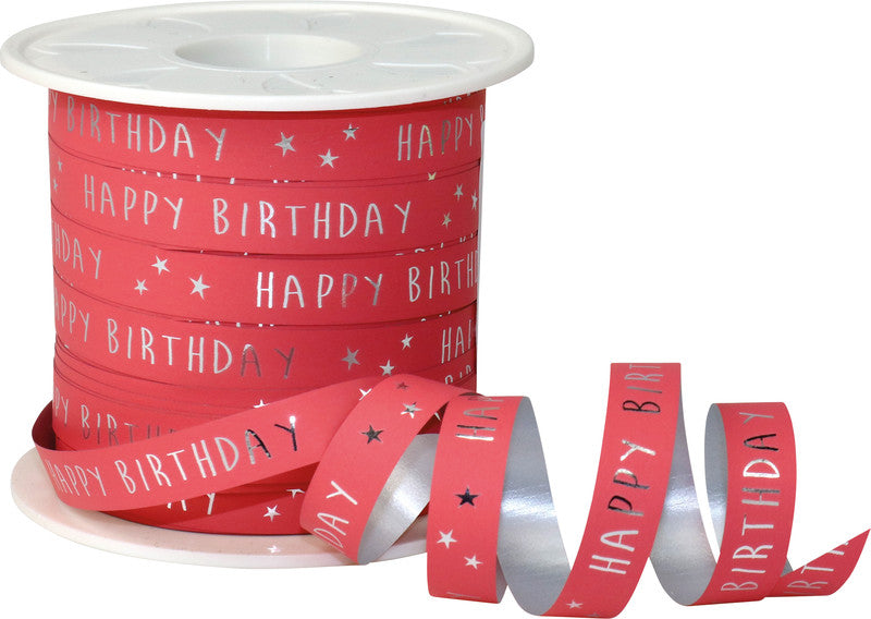 Präsent Geschenkband – Happy Birthday – Kunststoff, Koralle – 10 mm × 100 m