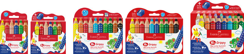 Faber-Castell 3-in-1 Farbstifte Grippy – 6 Farben, im Kartonetui, mit Spitzer, Ø 3 mm, dreikantig