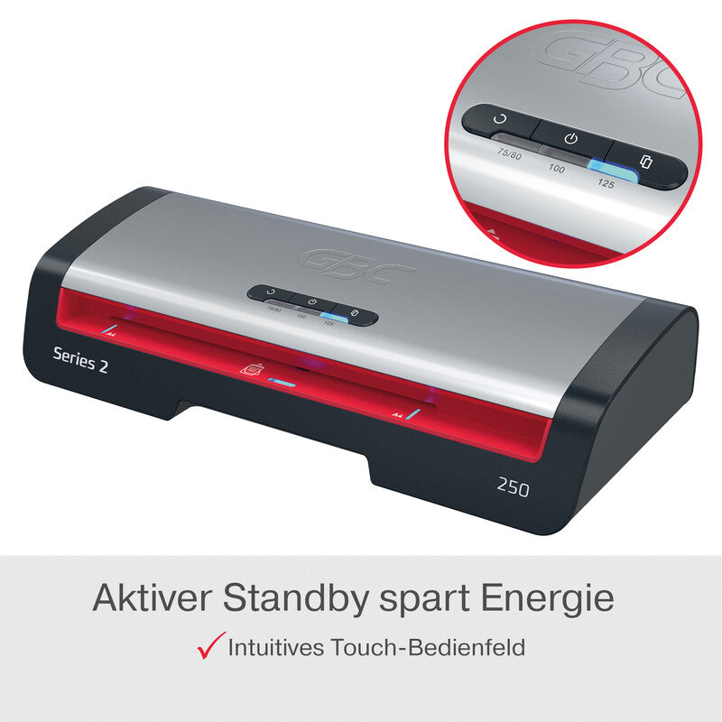 GBC Laminiersystem 250 Laminiergerät A4 – 2-Rollen, 75–125 µm, Aufheizzeit 1 Min., 500 mm/min, Silber