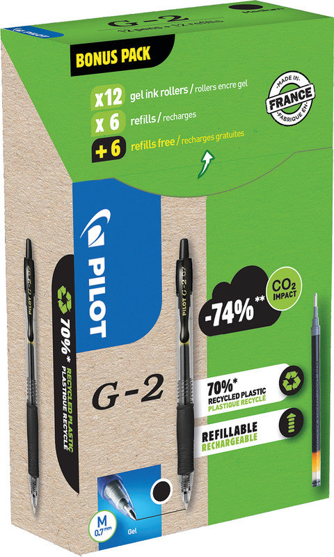 Pilot G-2 Gelschreiber – Schwarz, 0,7 mm, Druck, Nachfüllbar