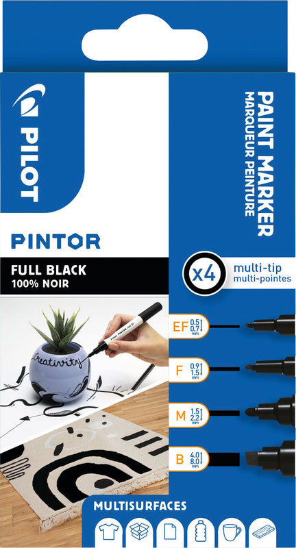 Pilot Pigment-Marker Pintor – schwarz – 4er-Set – lichtbeständig