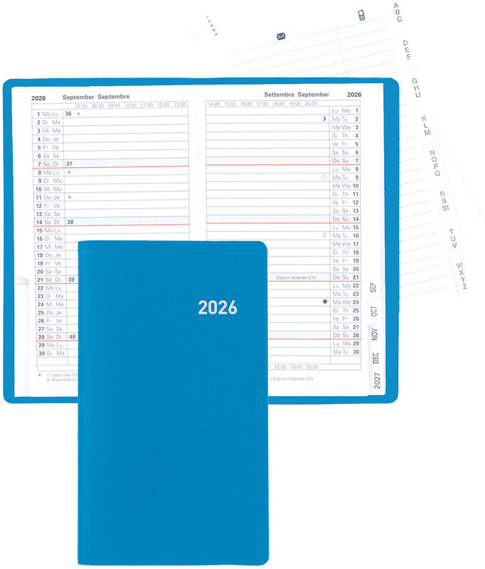 Biella Planer Paris Agenda – 1 Monat/2 Seiten, geheftet, 7,5 × 12,6 cm, 15 Monate Okt–Dez, blau, PEFC