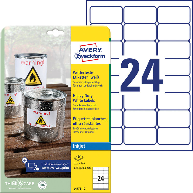 Avery Drucketiketten, 64 mm × 34 mm, weiss, Folie, extra stark, 240 Etiketten (10 Blatt)