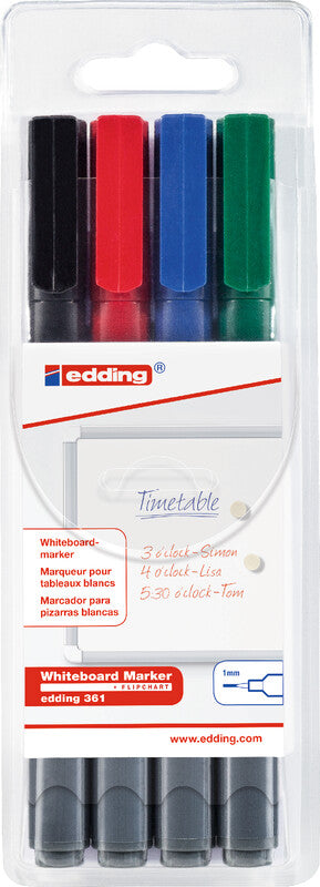 Edding Whiteboard-Marker 361 – Rundspitze 1 mm – 4er-Set – sortiert – trocken abwischbar