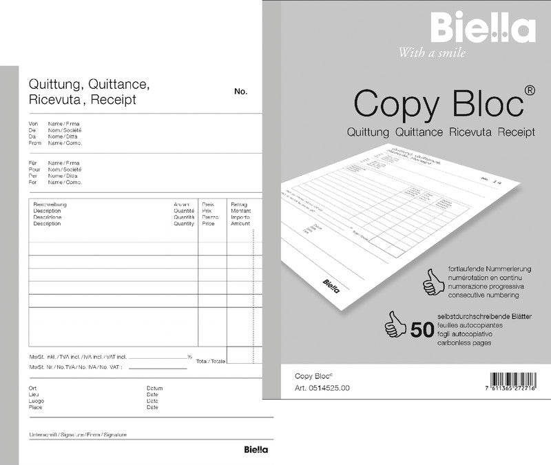 Biella Formularblock – Quittungen, mehrsprachig, 50 Blatt, A5