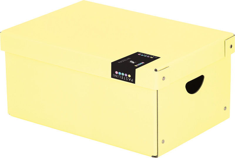Pastelini Aufbewahrungsbox für A4 – mit Deckel, mit Griffloch, 240 × 160 × 355 mm, Gelb, Karton