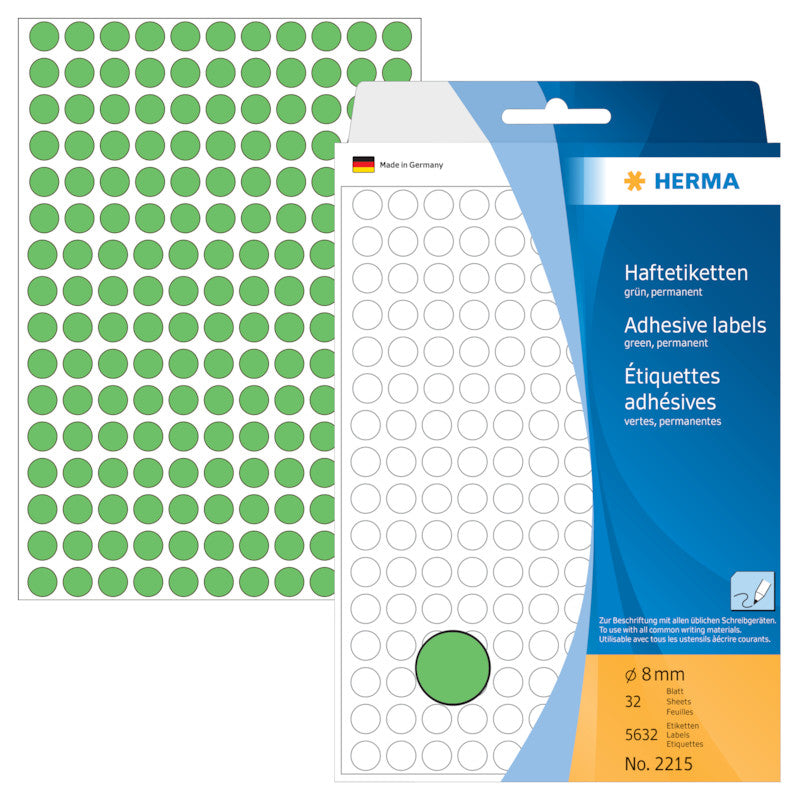 HERMA Haftetiketten – Ø 8 mm, permanent, grün, Bogen 111 × 170 mm, 32 Blätter (5'632 Stk.)
