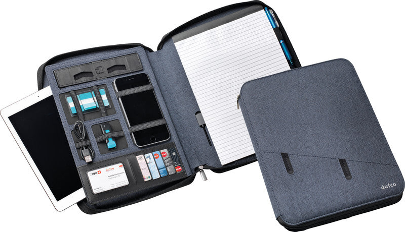 Dufco Konferenzmappe – A4, Reissverschluss, Visitenkartenfach, mit Powerbank, Textil, Jeansblau