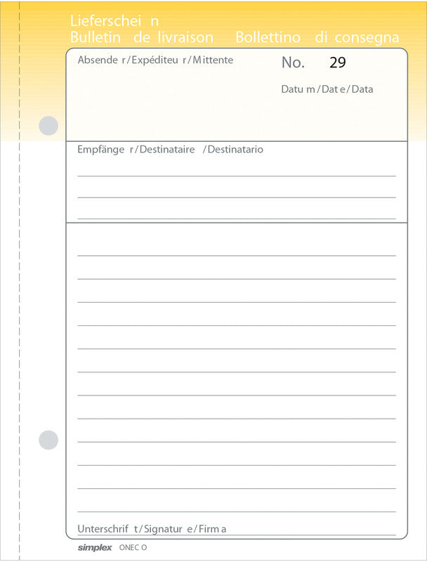Simplex Formularblock – Lieferscheine, Deutsch, Französisch, Italienisch, 50 Blatt, A6