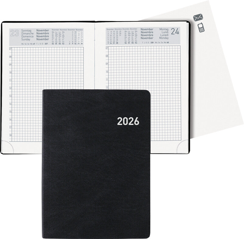 Biella Technikus Agenda – 1 Tag pro Seite, gebunden, 10,1 × 14,2 cm, 2026, 1-Stunden-Takt, schwarz, FSC
