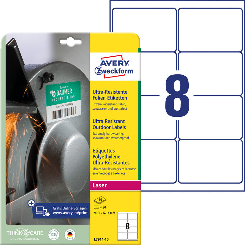 Avery Folien-Etiketten, 99 mm × 68 mm, weiss, extra stark, 80 Etiketten (10 Blatt)