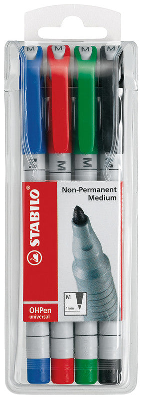 STABILO Non-Permanent-Marker OHPen – mittel 1 mm – sortiert – 4er-Set – feucht abwischbar