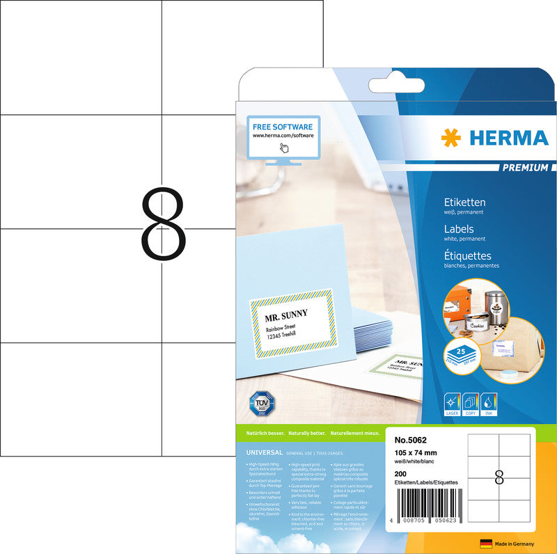HERMA A4-Etiketten, 105 mm × 74 mm, weiss, Papier, permanent, 25 Blatt (200 Etiketten)