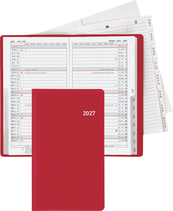 Biella Luzern Agenda – 1 Monat/2 Seiten, geheftet, 8,7 × 15,3 cm, 15 Monate Okt–Dez, 2027, Weinrot, PEFC
