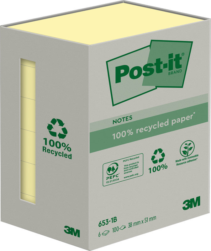 Post-it Haftnotizen Recycling Tower – 51×38 mm – gelb, 6×100 Blatt, PEFC