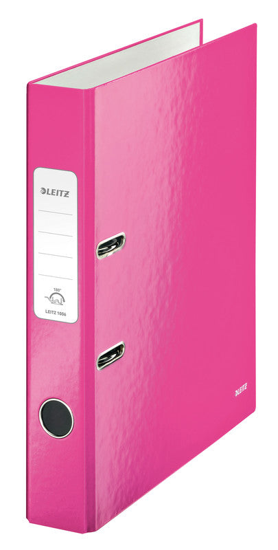 Leitz Ordner – A4 hoch – 2-Ring Hebelmechanik, Rücken 50 mm – pink, mit Niederhalter, mit Griffloch, FSC