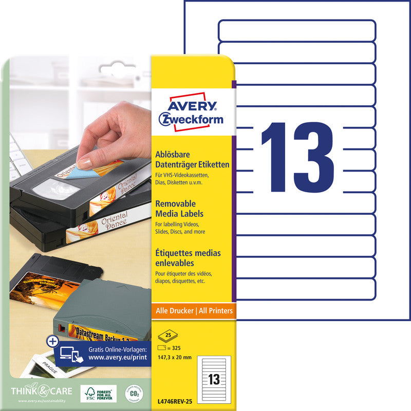 Avery Druckeretiketten, 147 mm × 20 mm, weiss, Papier, wiederablösbar, 25 Blätter (325 Etiketten)