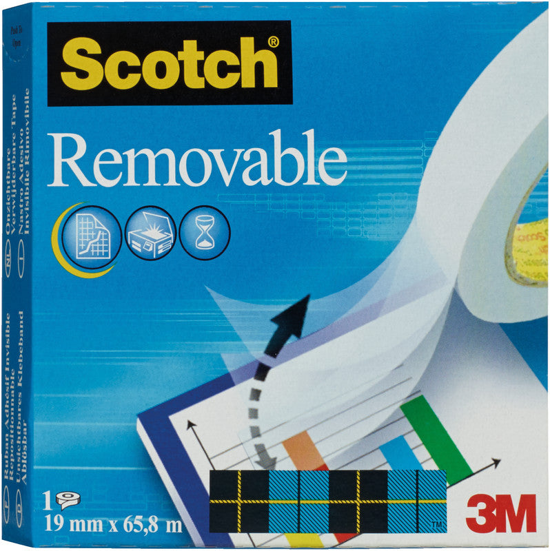 Scotch Klebeband Removable – wiederablösbar, klar, Zelluloseazetat, 19 mm × 66 m, Kern Ø 25 mm