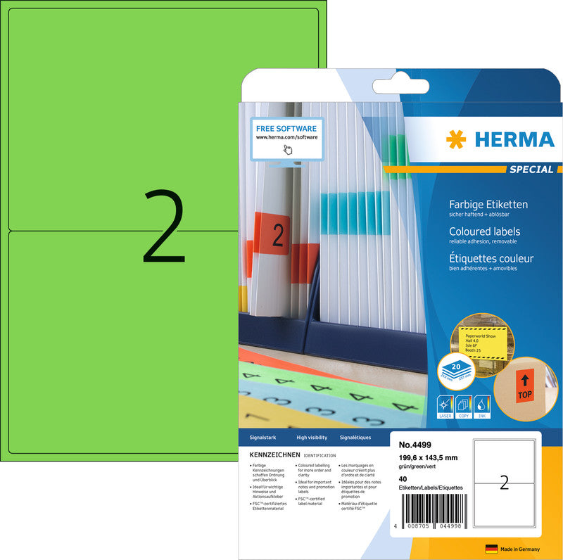 HERMA Druckeretiketten, 199,6 mm × 143,5 mm, grün, Papier, wiederablösbar, 20 Blätter (40 Etiketten)