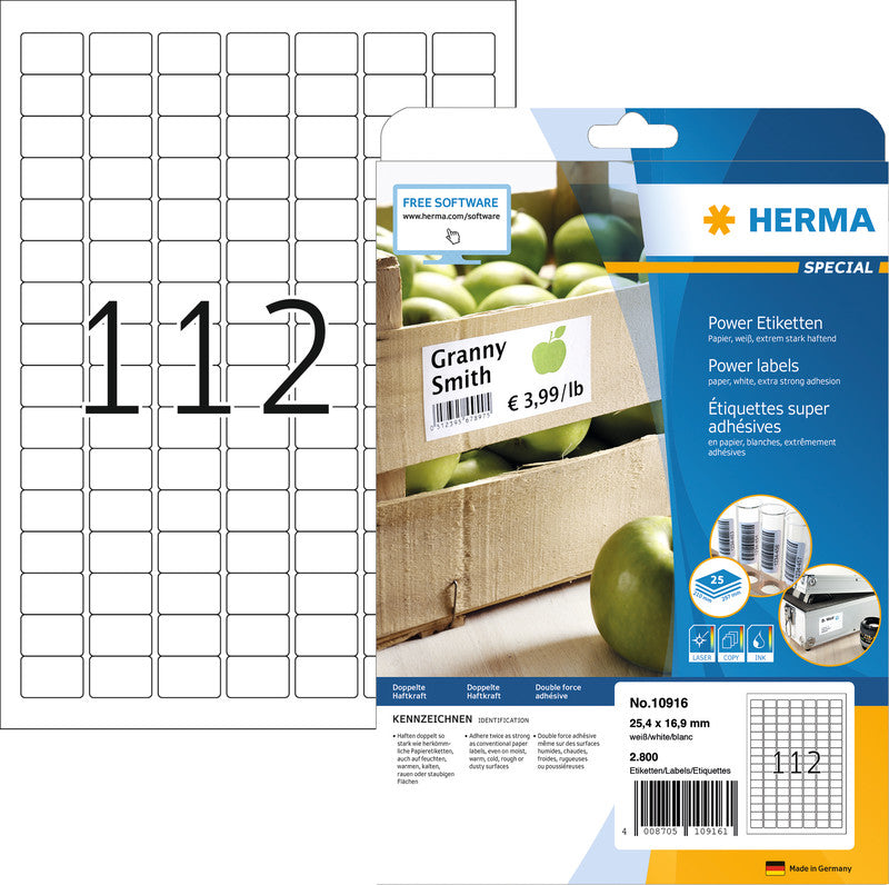 HERMA Druckeretiketten, 25 mm × 17 mm, weiss, Papier, extra stark, 25 Blatt
