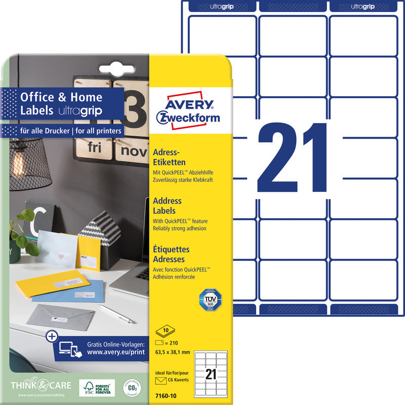 Avery Adressetiketten, 63,5 mm × 38,1 mm, weiss, Papier, permanent, 10 Blätter (210 Etiketten)
