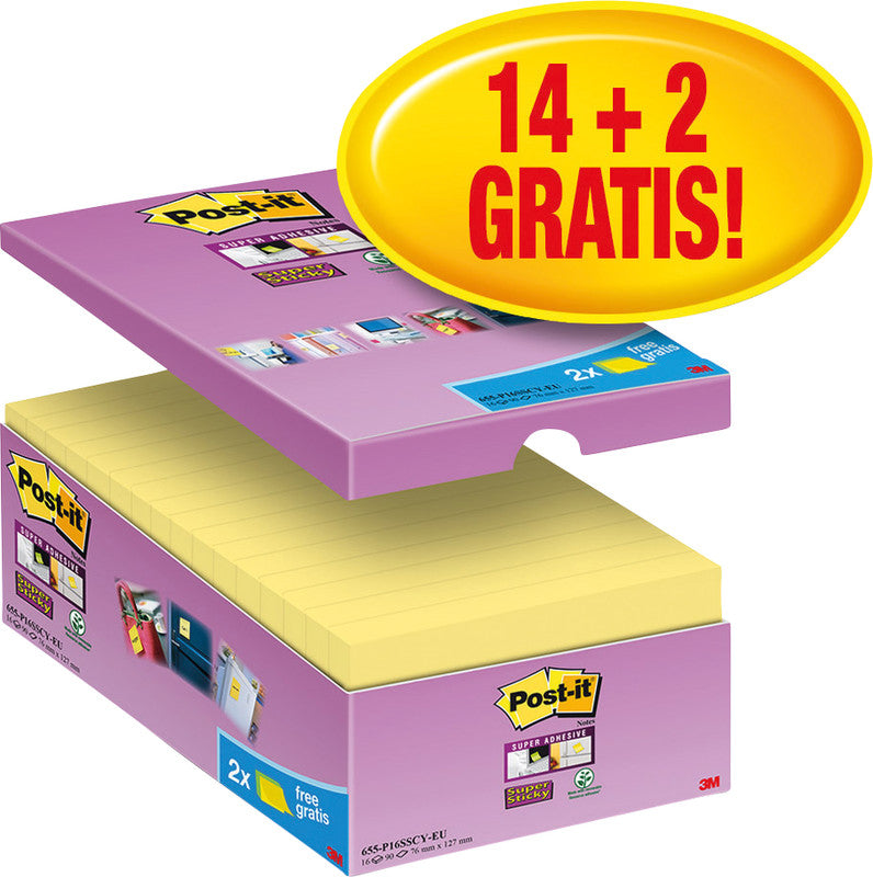 Post-it Haftnotizen Super Sticky – 127×76 mm – gelb, 16×90 Blatt, PEFC