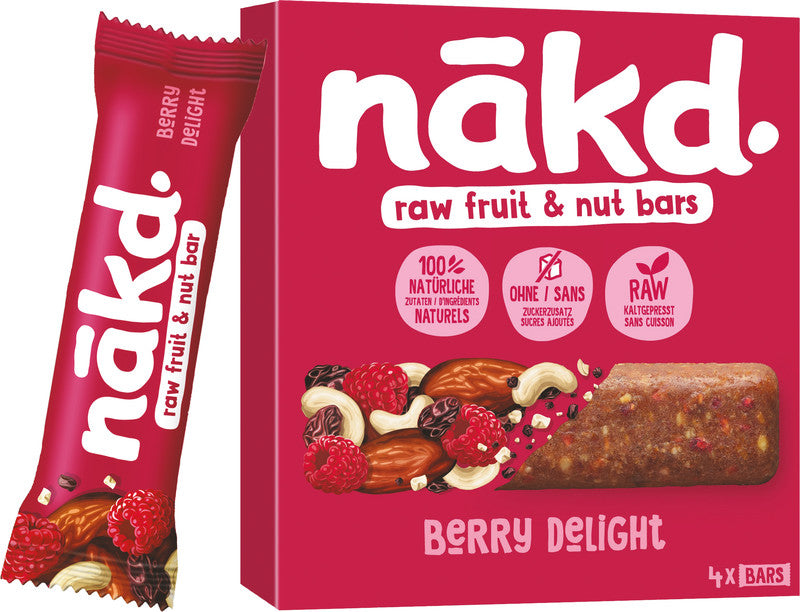Nakd Raw Bars Riegel – Himbeere, vegan, ohne Zuckerzusatz, 4 × 35 g (140 g)