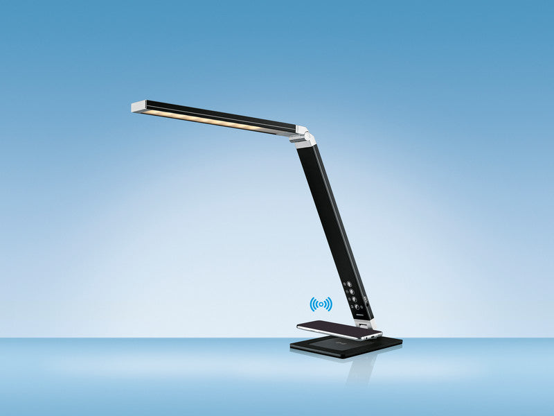 Hansa LED Tischleuchte Magic Plus – Qi & USB, 5-stufig dimmbar – 3000–6000 K – 500 lm 10 W – schwarzes Aluminium