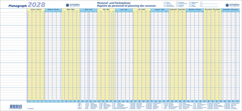Simplex Planograph – Personal- und Ferienplaner – zweisprachig Deutsch/Französisch – 2028 – 64 × 29,7 cm – 10er-Pack