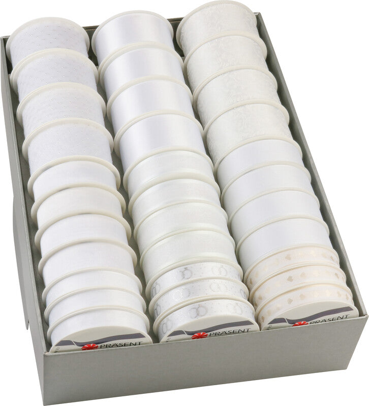 Präsent Geschenkband – Hochzeit – Kunststoff, 33 Rollen (9 × 15 mm × 4 m, 12 × 25 mm × 3 m, 12 × 40 mm × 2 m)