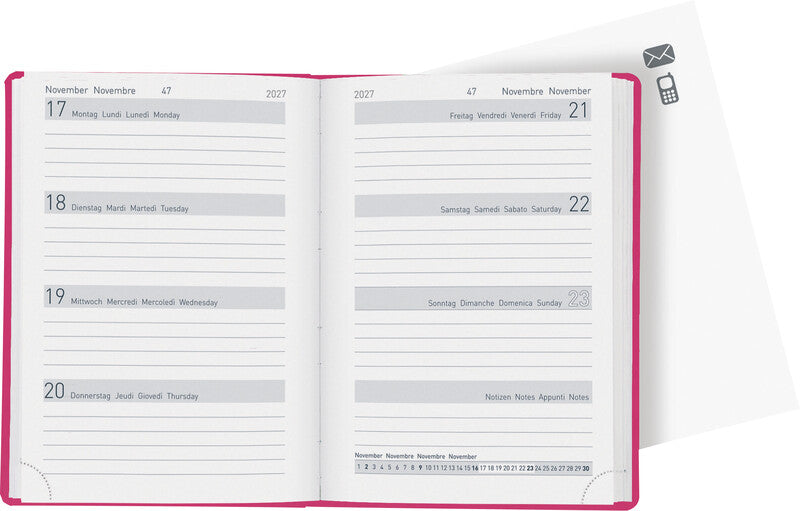 Biella Memento Ladytimer Agenda – 1 Woche/2 Seiten, gebunden, 10,1 × 14,2 cm, Jan–Dez 2027, FSC