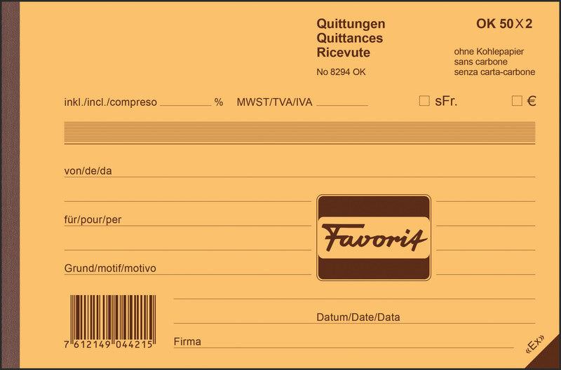 Favorit Formularblock – Quittungen, mehrsprachig, 50 Blatt, A5